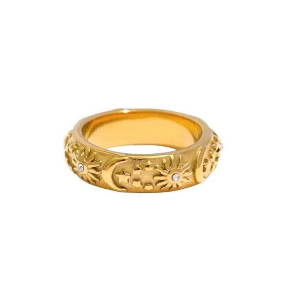 NWT Band Ring 18K Gold Plated Star Moon Sun Raised Design Thick Band Ring Women’ - Picture 10 of 11